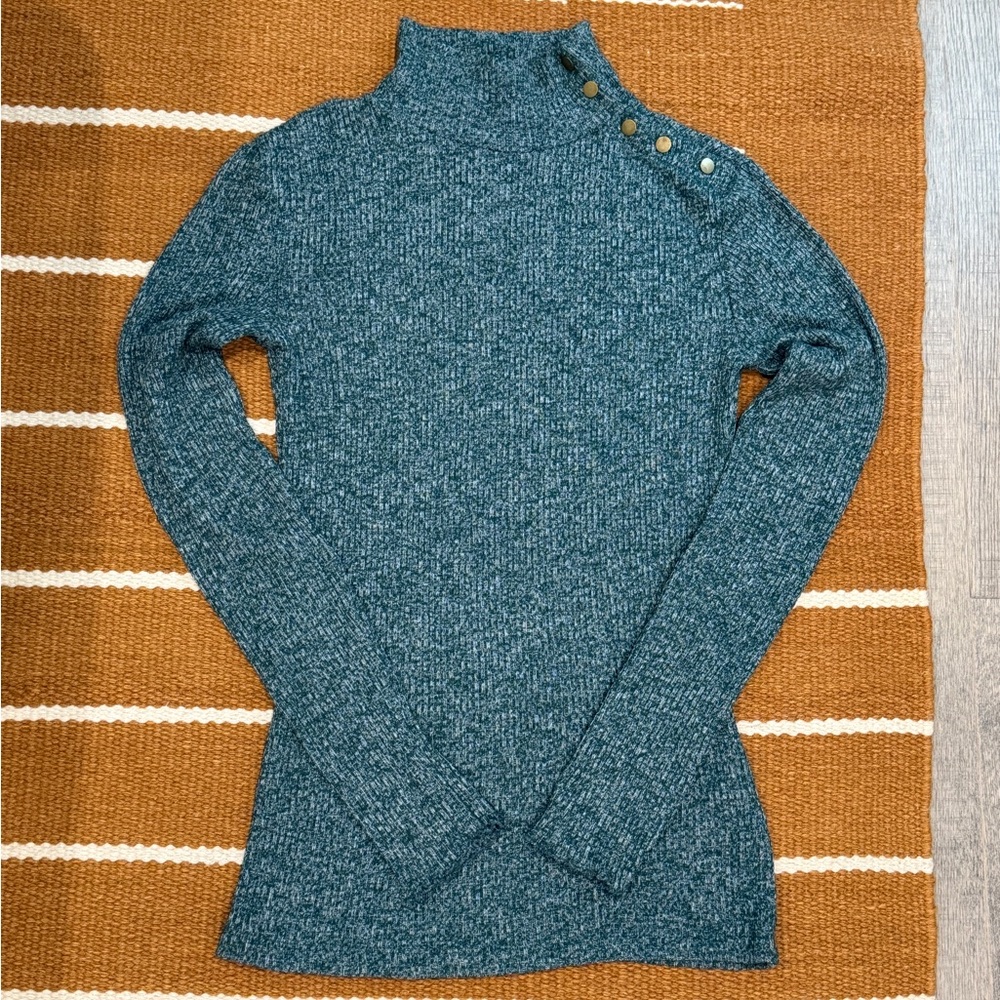 J. Crew Teal Heather Turtleneck Ribbed Sweater Button Accents XS Small